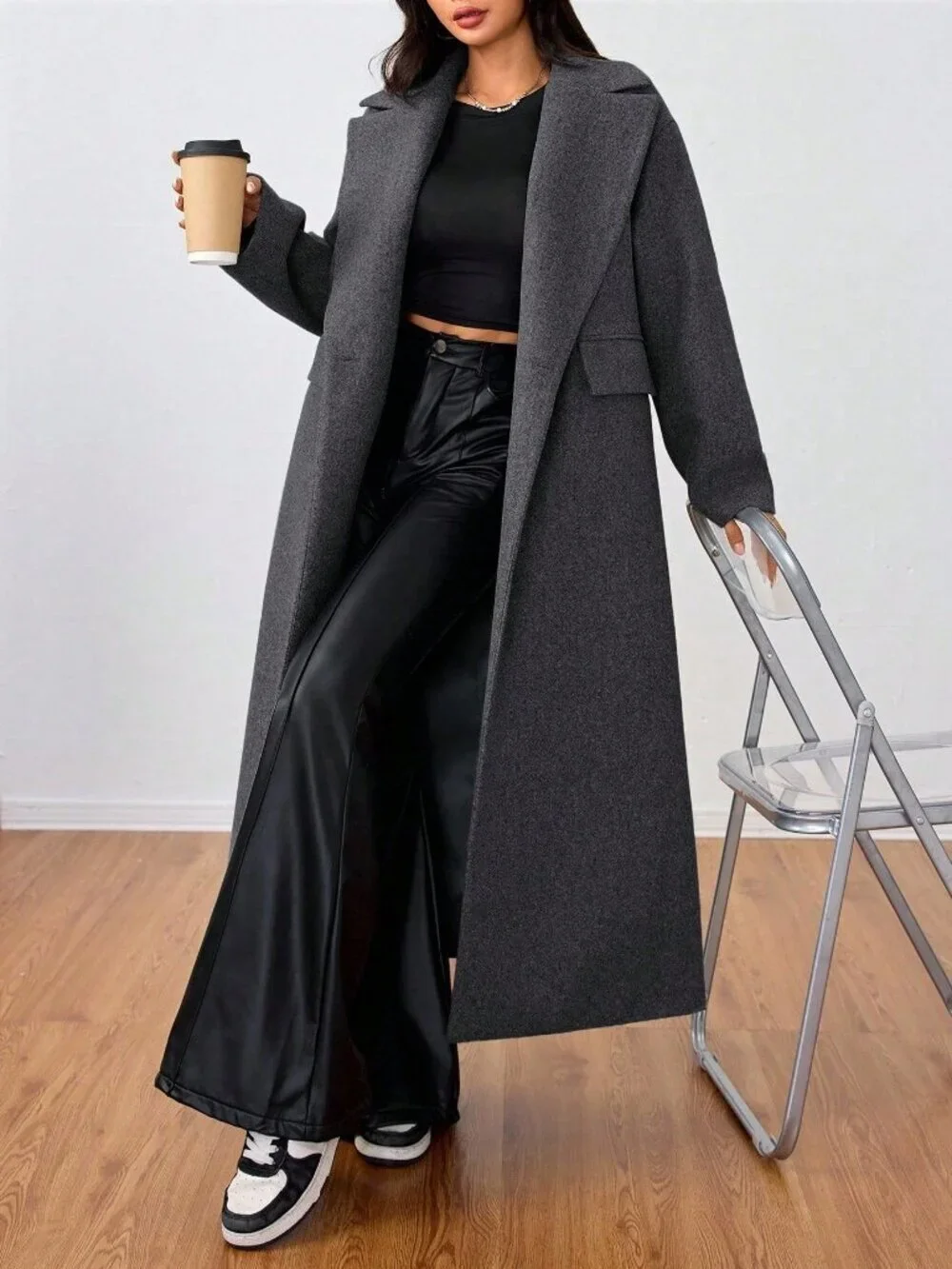 Dark Grey Casual Women's Lapel Long Overcoat jacket coat